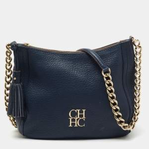 Pre Owned CH Carolina Herrera Navy Blue Pebbled Leather Maria Shoulder Bag