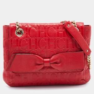 Pre Owned CH Carolina Herrera Red Monogram Embossed Leather Bow Shoulder Bag