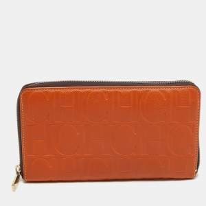 CH Carolina Herrera Orange Monogram Embossed Leather Zip Around Wallet