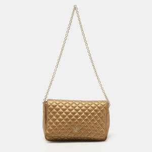 Pre Owned CH Carolina Herrera Metallic Gold Quilted Leather Chain Flap Shoulder Bag