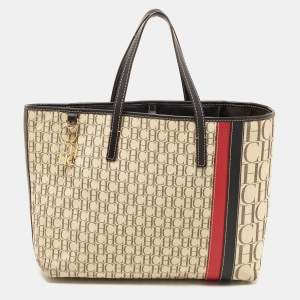 Pre Owned CH Carolina Herrera  Beige/Multicolor Canvas and Striped Leather Tote