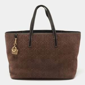 Pre Owned CH Carolina Herrera Brown/Black Monogram Embossed Nubuck and Leather Shopper Tote 