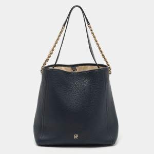 Pre Owned CH Carolina Herrera Navy Blue Grained Leather Chain Shoulder Bag