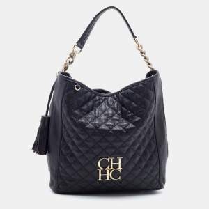 Pre Owned CH Carolina Herrera Black Quilted Leather Tassel Tote