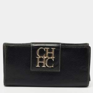 Pre Owned CH Carolina Herrera Black Leather CH Logo Continental Wallet