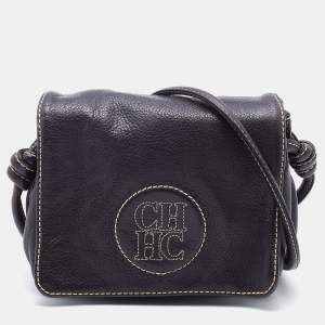 Pre Owned CH Carolina Herrera Dark Brown Leather Logo Embossed Flap Shoulder Bag