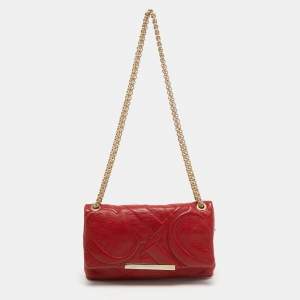 Pre Owned CH Carolina Herrera Red Embossed Leather Flap Chain Shoulder Bag