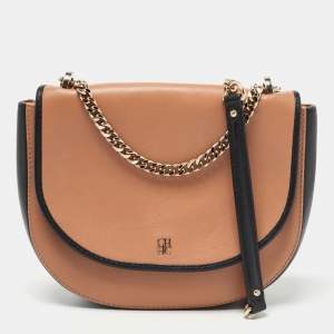 Pre Owned CH Carolina Herrera Brown/Black Leather Flap Chain Shoulder Bag
