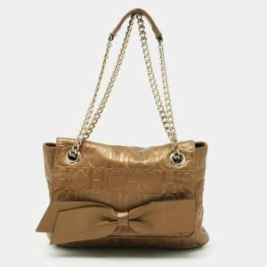 Pre Owned CH Carolina Herrera Metallic Brown Monogram Embossed Leather Audrey Shoulder Bag