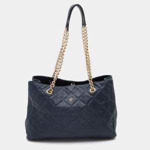 Pre Owned CH Carolina Herrera Navy Blue Diamond Embossed Leather Chain Shopper Tote