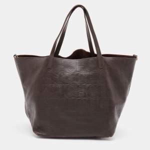 Pre Owned CH Carolina Herrera Dark Brown Embossed Leather Matryoshka Tote