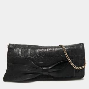 Pre Owned CH Carolina Herrera Black Monogram Embossed Leather Bow Chain Clutch 