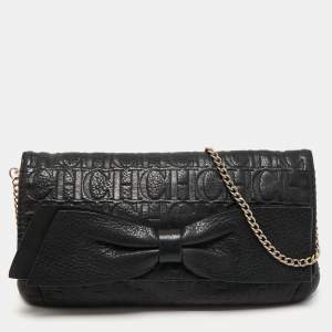 Pre Owned CH Carolina Herrera Black Monogram Embossed Leather Bow Chain Clutch