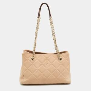 Pre Owned CH Carolina Herrera Beige Embossed Nubuck Leather Chain Tote