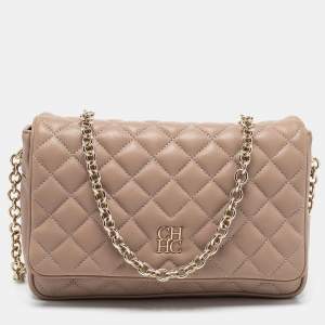 CH Carolina Herrera Beige Quilted Leather Chain Flap Shoulder Bag
