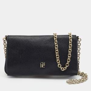Pre Owned CH Carolina Herrera Black Leather Flap Chain Bag