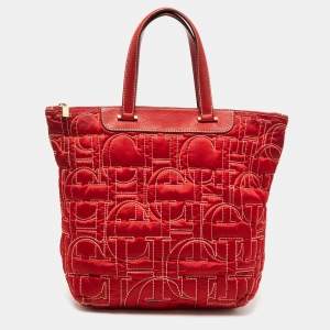 Pre Owned CH Carolina Herrera Embossed Stitch Nylon and Leather Zip Tote