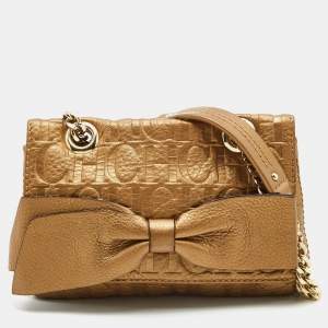Pre Owned CH Carolina Herrera Metallic Monogram Embossed Leather Bow Shoulder Bag