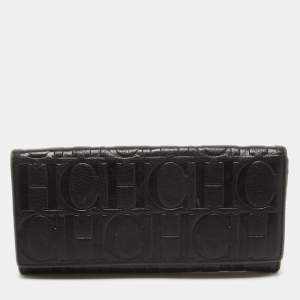Pre Owned CH Carolina Herrera Black Monogram Leather Flap Continental Wallet