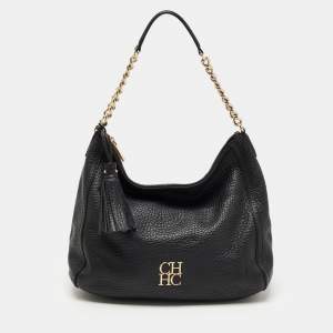 Pre Owned CH Carolina Herrera Black Leather Tassel Hobo