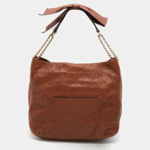 Pre Owned CH Carolina Herrera Brown Embossed Leather Chain Bow Hobo