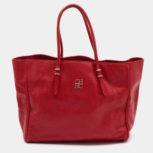 CH Carolina Herrera Red Monogram Leather Shopper Tote