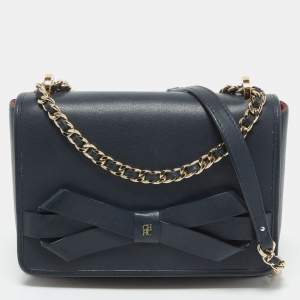 Pre Owned CH Carolina Herrera Navy Blue Leather Bow Flap Shoulder Bag 