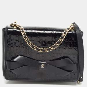 Pre Owned CH Carolina Herrera Black Embossed Patent and Leather Flap Bow Shoulder Bag