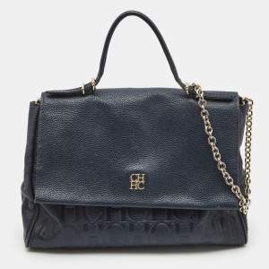 CH Carolina Herrera Navy Blue Leather Minuetto Flap Top Handle Bag