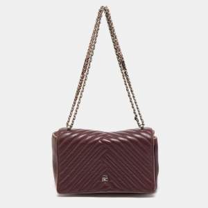 Pre Owned CH Carolina Herrera Burgundy Chevron Leather CH Logo Flap Shoulder Bag