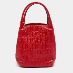 Pre Owned CH Carolina Herrera Red Monogram Embossed Leather Bucket Bag