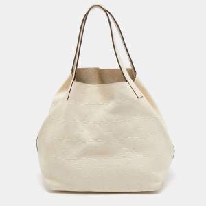 Pre Owned CH Carolina Herrera Off White Monogram Embossed Leather Matryoshka Tote