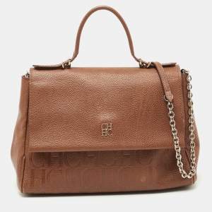 CH Carolina Herrera Brown Leather Minuetto Flap Top Handle Bag
