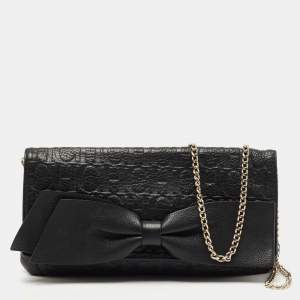 Pre Owned CH Carolina Herrera Black Monogram Embossed Leather Bow Chain Clutch