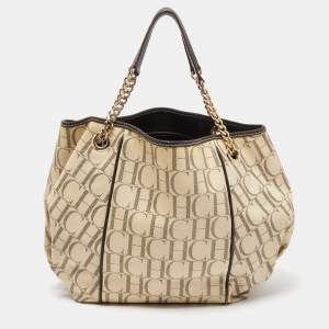 Pre Owned CH Carolina Herrera Off White/Brown Monogram Coated Canvas and Leather Chain Tote