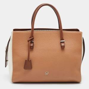 Pre Owned CH Carolina Herrera Brown/Cream Leather Top Zip Tote 