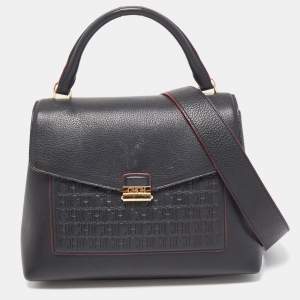 CH Carolina Herrera Black Monogram Leather Top Handle Bag