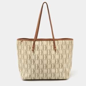 Pre Owned CH Carolina Herrera Off White/Brown Signature Coated Canvas and Leather Shopper Tote