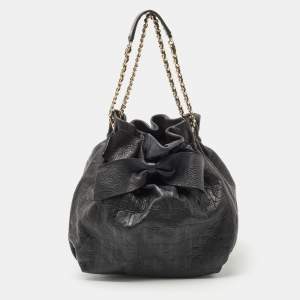 Pre Owned CH Carolina Herrera Black Embossed Leather Bow Bucket Shoulder Bag 