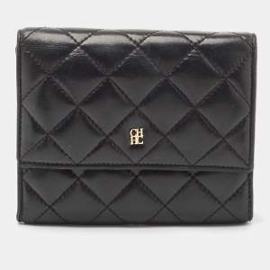 Pre Owned CH Carolina Herrera Black Quilted Leather Logo Trifold Wallet