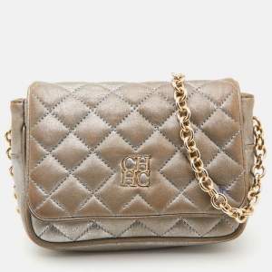 Pre Owned CH Carolina Herrera Silver Quilted Leather Chain Crossbody Bag