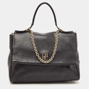 CH Carolina Herrera Black Leather Minuetto Flap Top Handle Bag