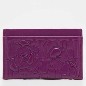 Pre Owned CH Carolina Herrera Purple Monogram Embossed Leather Card Holder