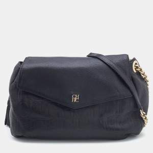 Pre Owned CH Carolina Herrera Monogram Black Embossed Leather Tassel Flap Shoulder Bag