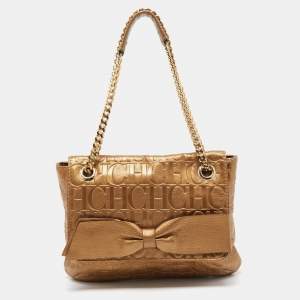Pre Owned CH Carolina Herrera Gold Monogram Embossed Leather Audrey Shoulder Bag