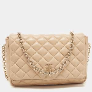 Pre Owned CH Carolina Herrera Beige Quilted Leather Chain Flap Shoulder Bag