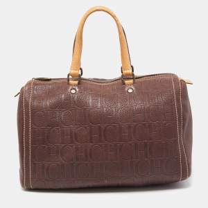 CH Carolina Herrera Choco Brown Monogram Leather Large Andy Boston Bag