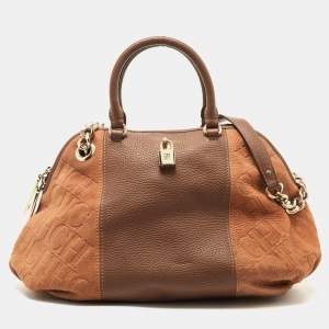 CH Carolina Herrera Two Tone Brown Monogram Leather Dome Satchel