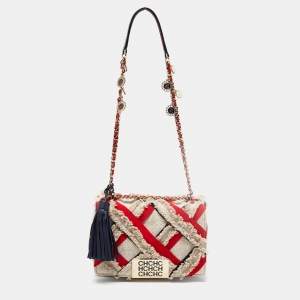 Pre Owned CH Carolina Herrera Beige/Red Tweed and Fabric Embellished Shoulder Bag