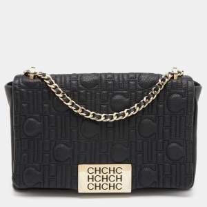 Pre Owned CH Carolina Herrera Black CH Embossed Leather Flap Chain Shoulder Bag